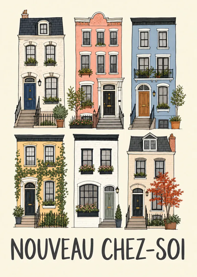 Carte illustrée de six maisons de ville colorées, avec le texte « NOUVEAU CHEZ-SOI ».