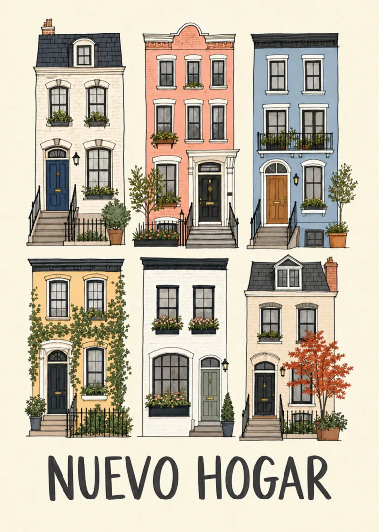 Ilustración de seis casas adosadas de colores con plantas y el texto «NUEVO HOGAR».