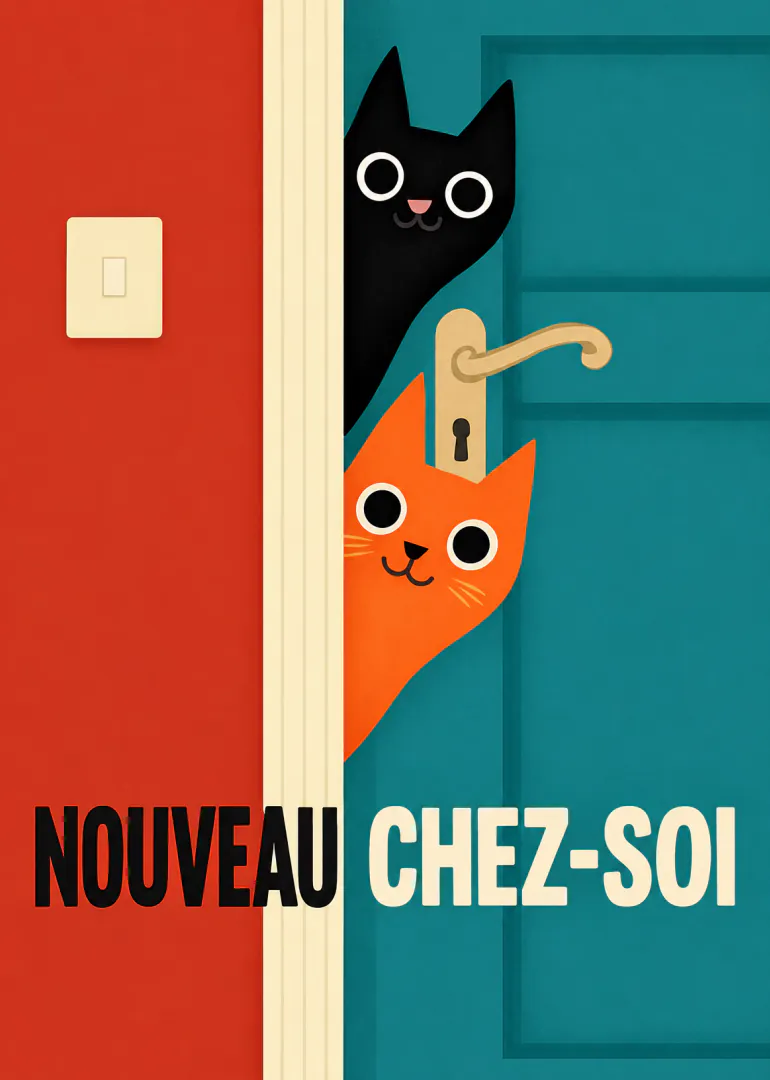 Illustration de deux chats, l’un noir et l’autre orange, passant derrière une porte bleue avec le message « NOUVEAU CHEZ-SOI ».