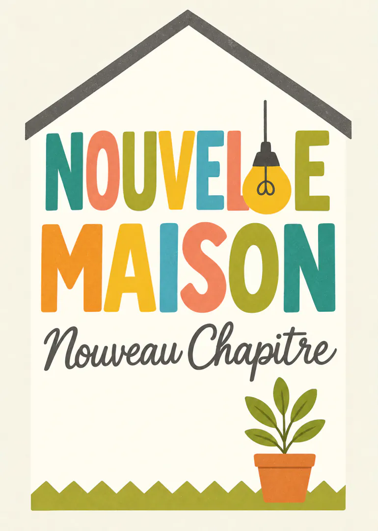 Carte illustrée d'une maison avec le texte « Nouvelle Maison Nouveau Chapitre », une ampoule et une plante en pot.
