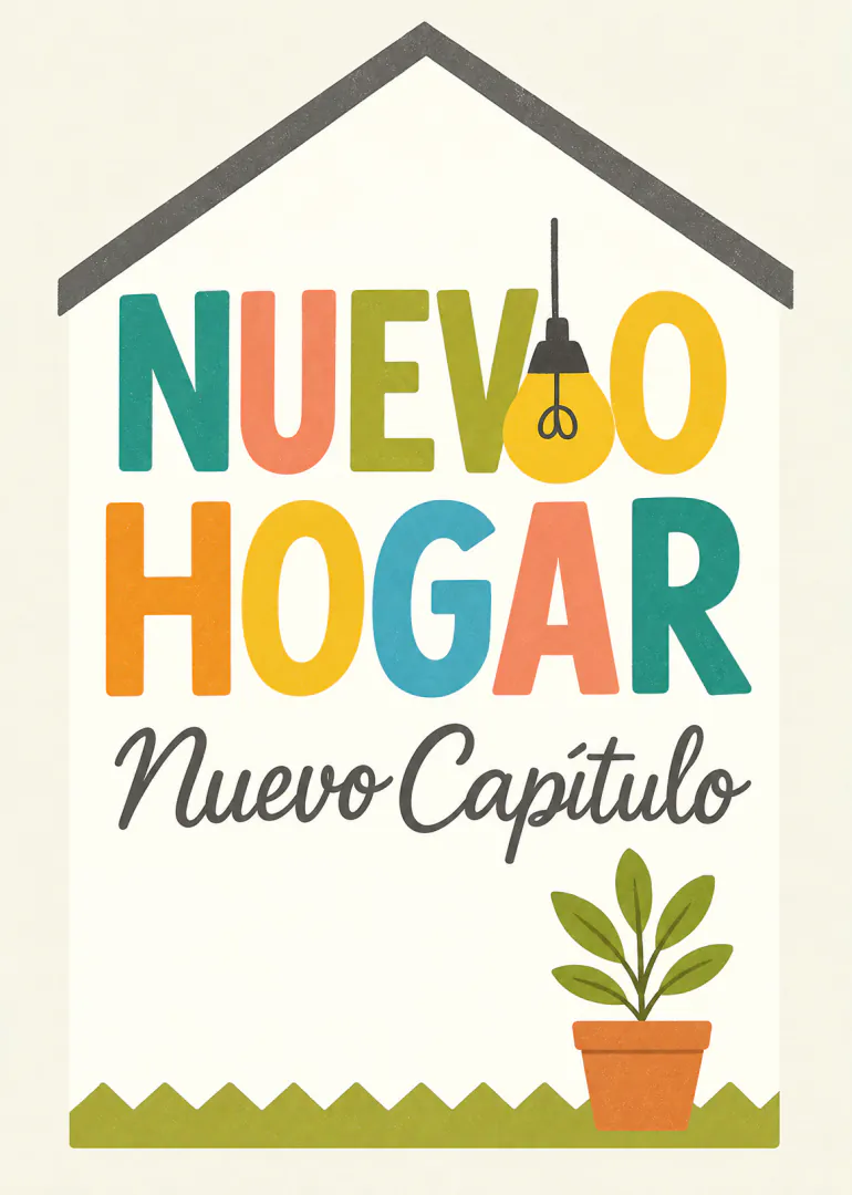 Tarjeta con una casa delineada, el texto «NUEVO HOGAR Nuevo Capítulo» y una planta en maceta.