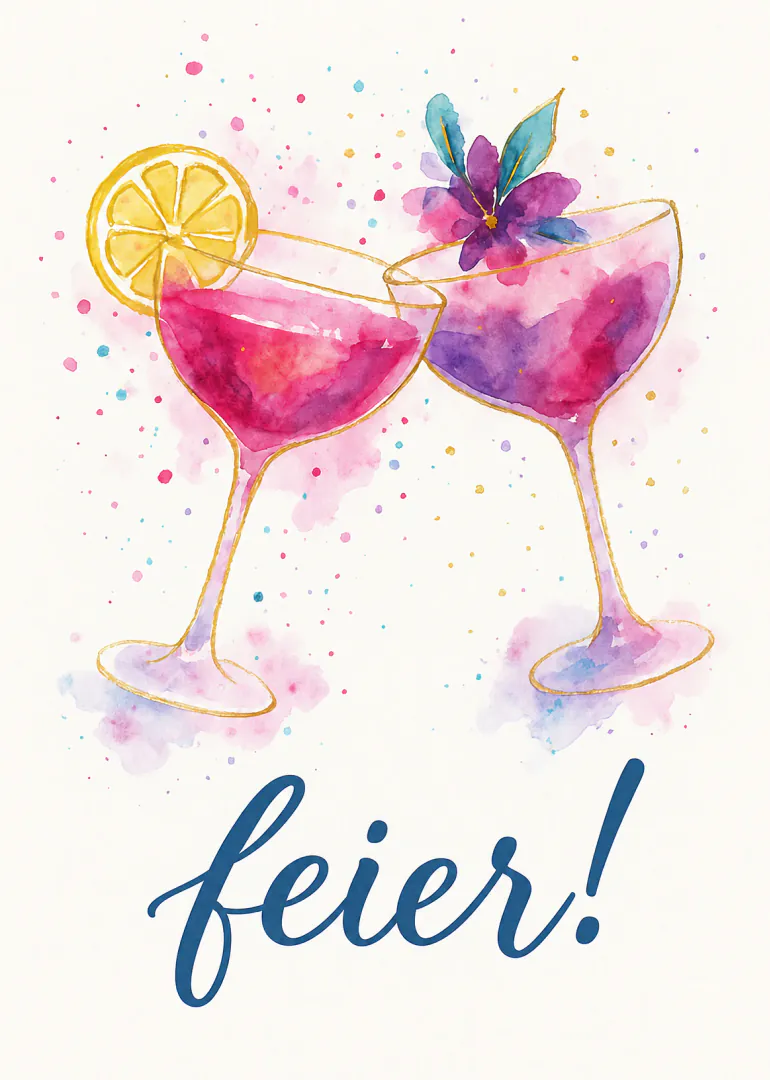 Aquarellillustration von zwei pink-lila Cocktails mit Zitronenscheibe und Blüte, darunter steht „feier!“.