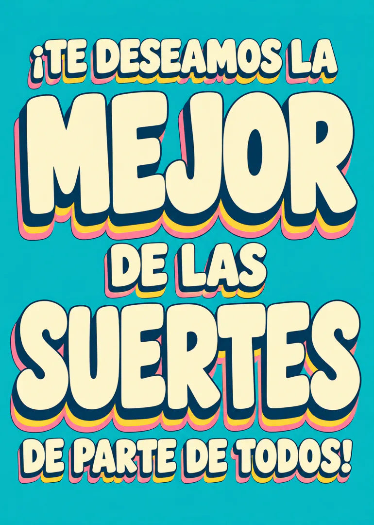Tarjeta turquesa con mensaje grande de buena suerte en letras crema de estilo retro.