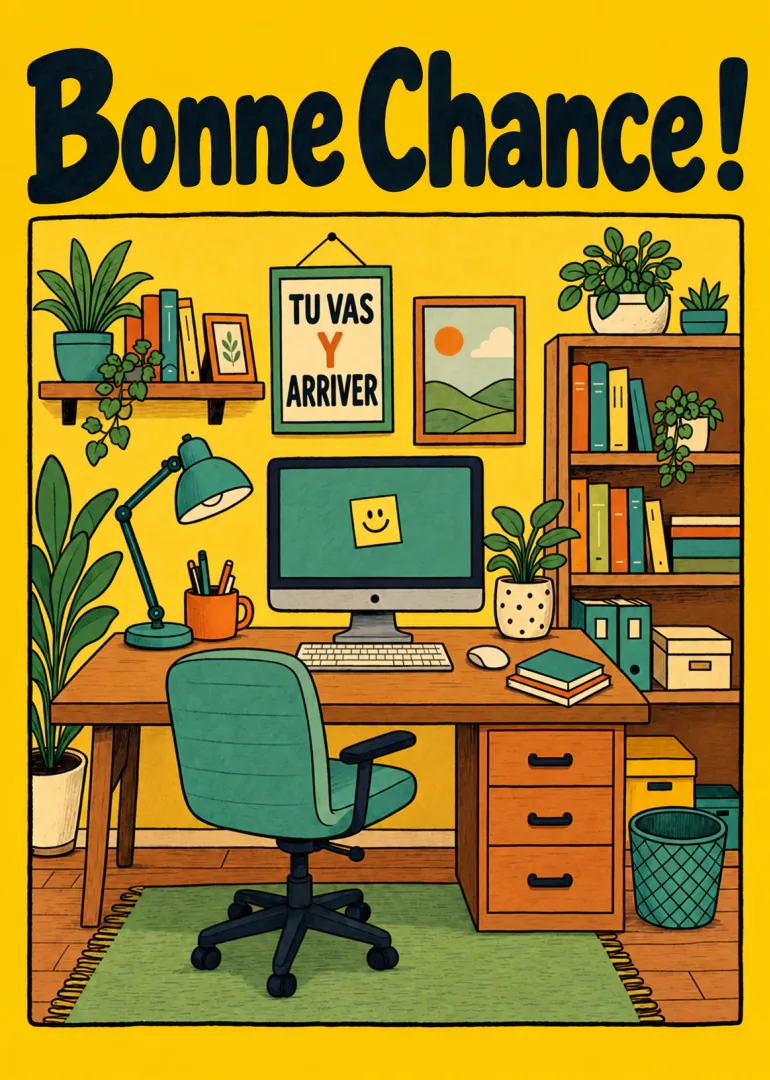 Carte jaune illustrée d’un bureau avec plantes, ordinateur et le message « Bonne Chance ! Tu vas y arriver ».
