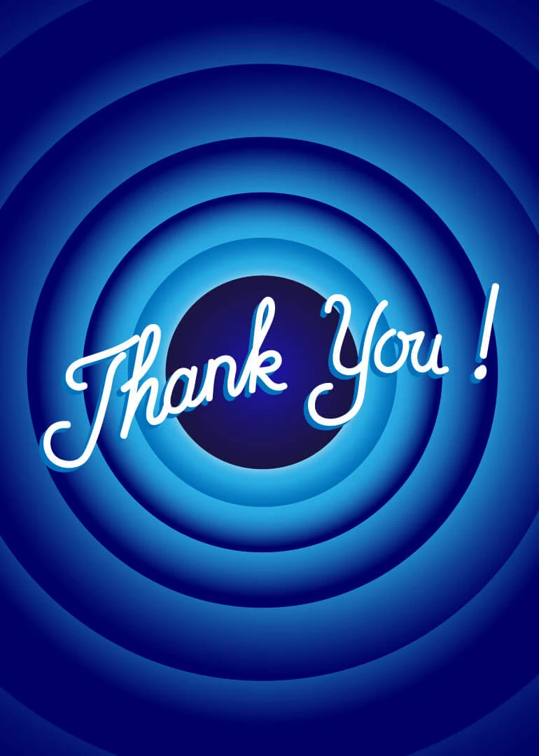 Blue concentric circles frame bold white Thank You lettering in a retro-inspired appreciation card design.