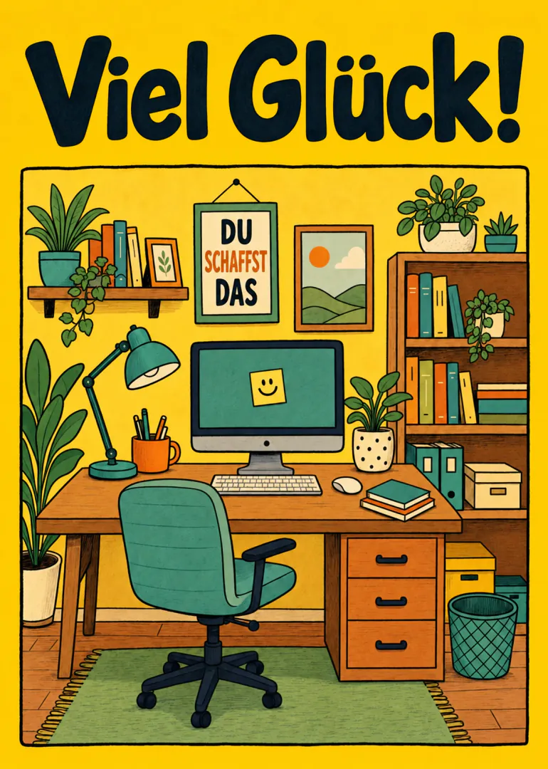 Gelbe Karte mit „Viel Glück!“, einer illustrierten Büroeinrichtung und dem gerahmten Spruch „DU SCHAFFST DAS“.