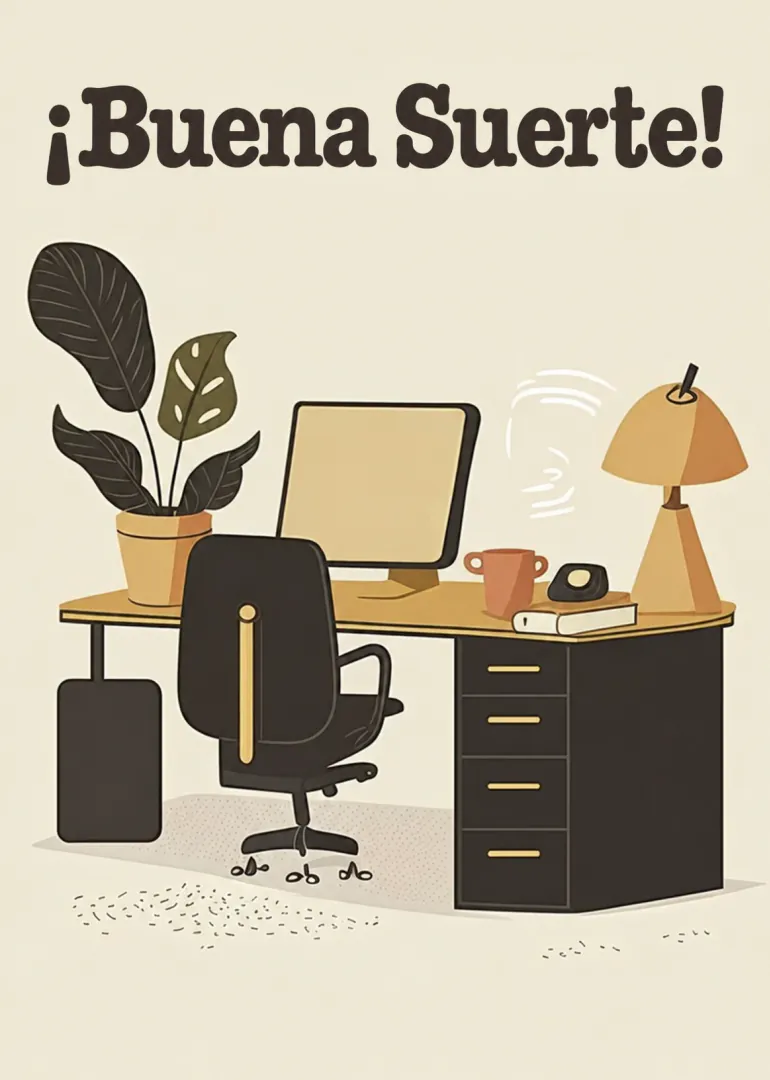 Ilustración retro de un escritorio de oficina con el mensaje «¡Buena Suerte!».