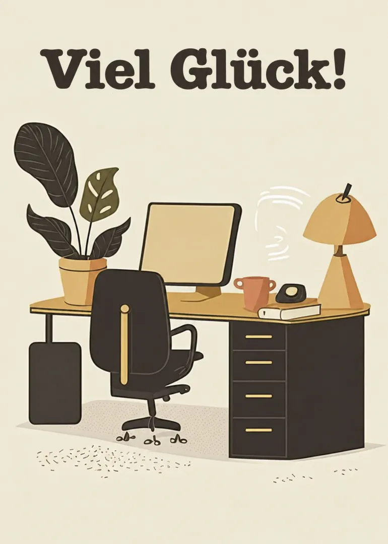 Illustration eines modernen Arbeitsplatzes mit Schreibtisch, Bürostuhl, Pflanze und dem Text „Viel Glück!“