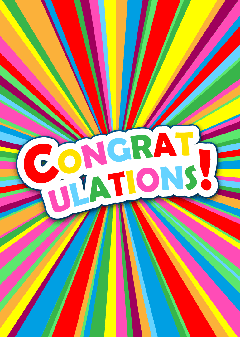 Bold rainbow burst card with colourful Congratulations text in playful letters on white cloud shape.
