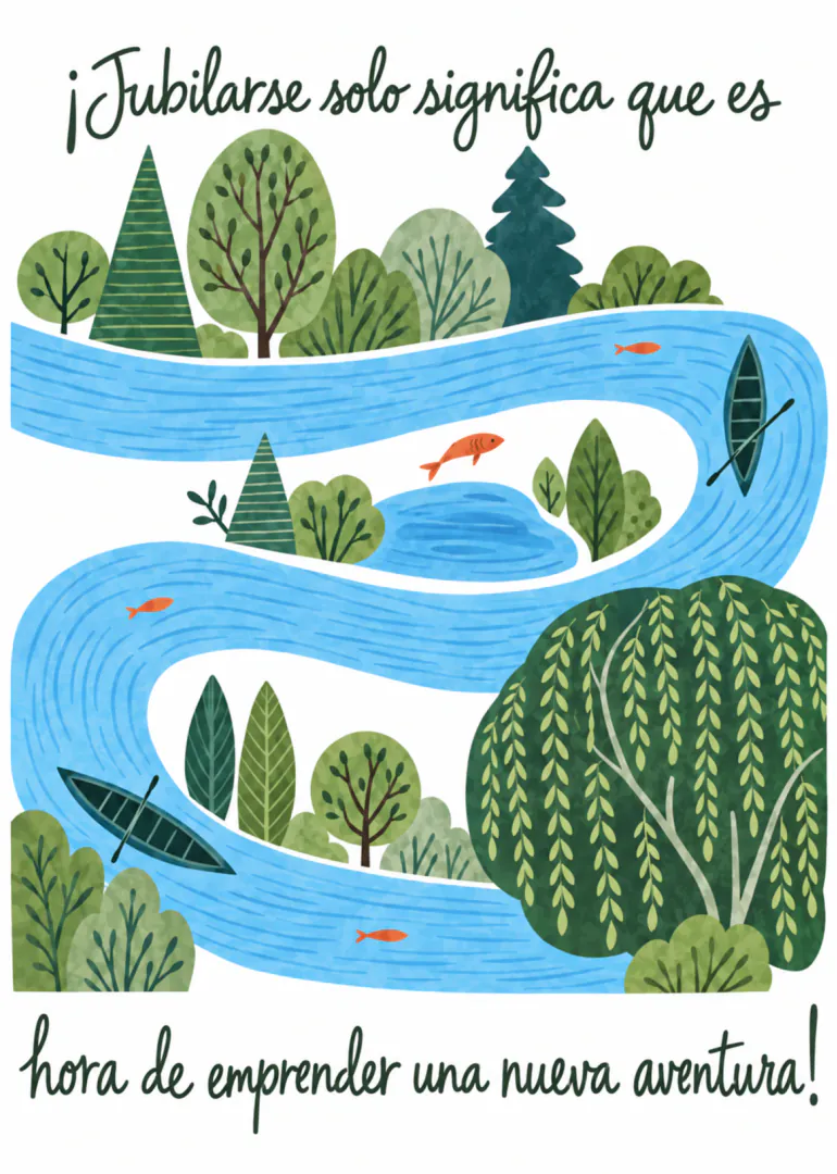 Ilustración de un río azul serpenteante entre árboles, peces y canoas, con un mensaje sobre la jubilación.