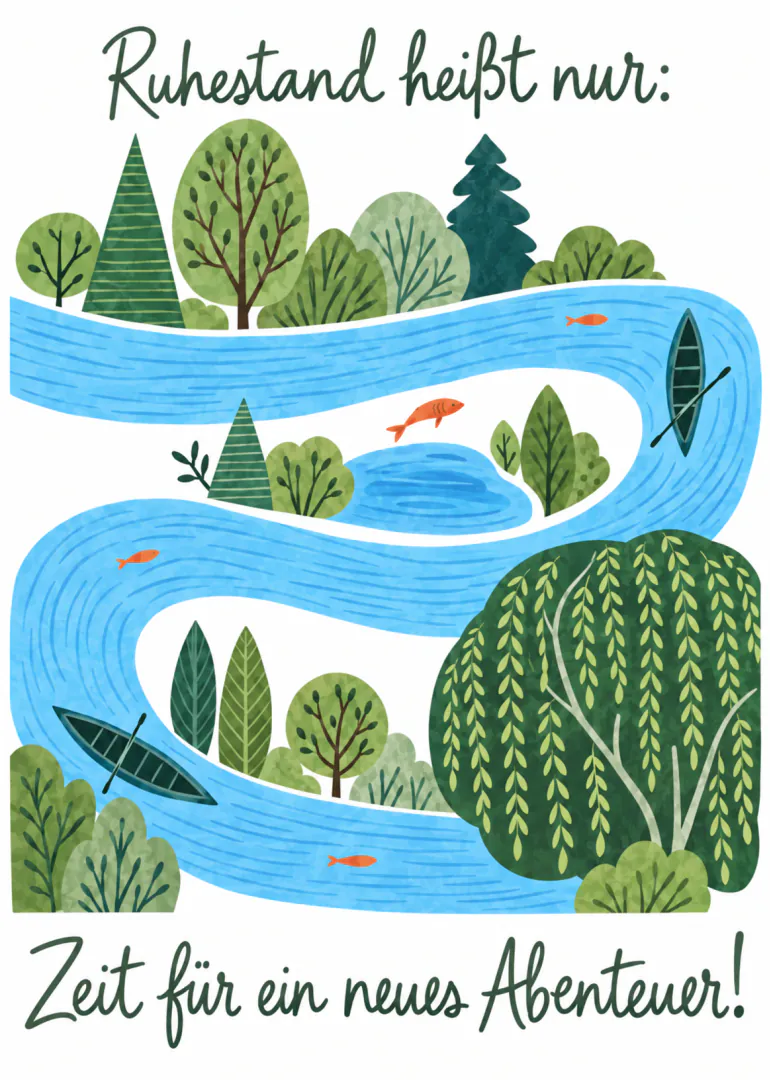 Illustrierte Ruhestandskarte mit gewundenem blauem Fluss, Kanus, Fischen und grünen Bäumen.