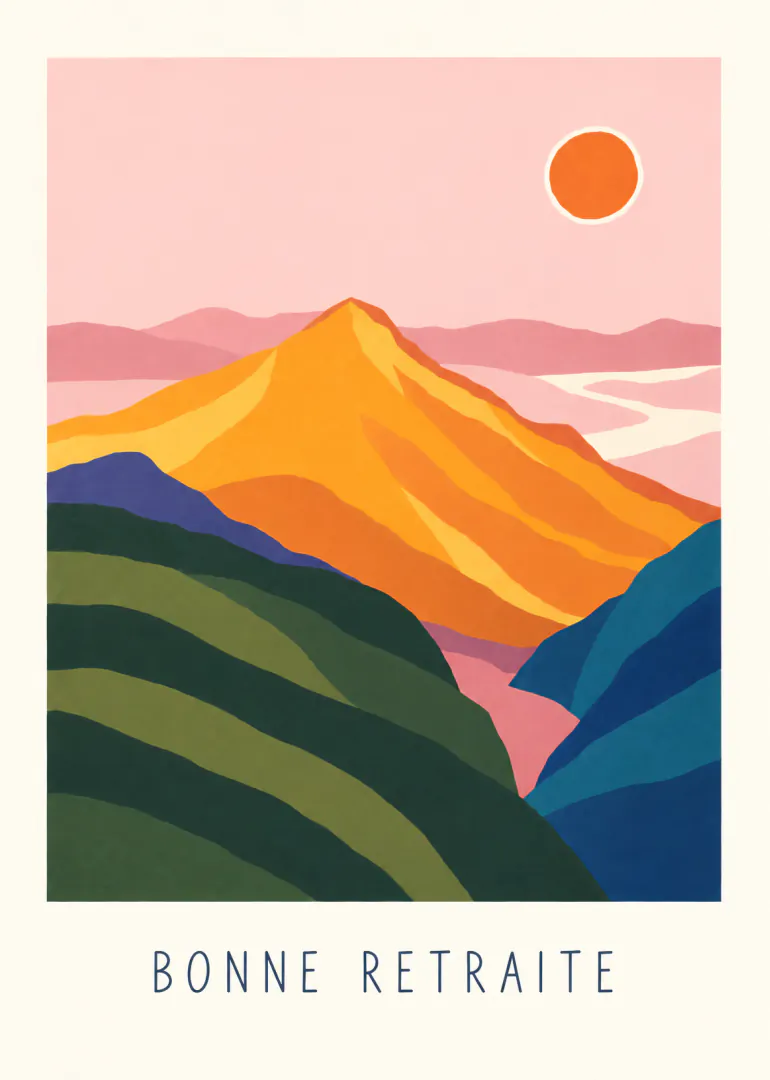 Carte illustrée montrant une montagne orange au soleil, encadrée de collines vertes et bleues, avec le texte « BONNE RETRAITE ».