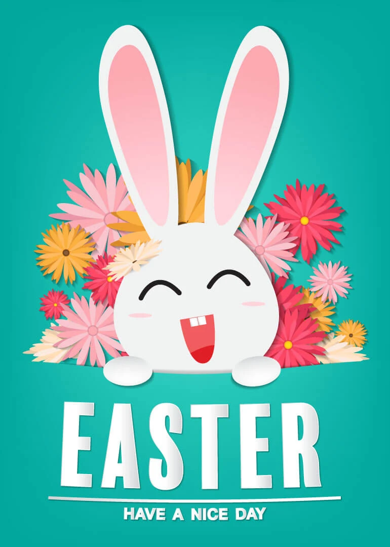 Cute Easter bunny peeks from flowers on teal background with Have a Nice Day text