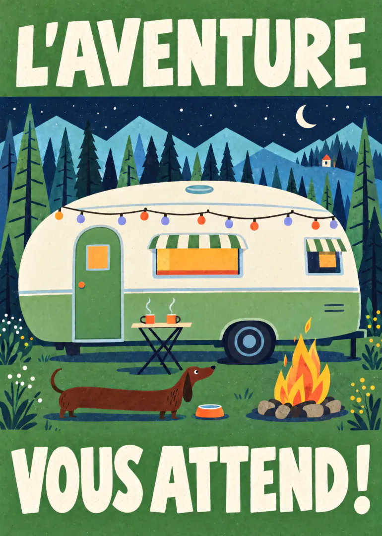 Carte illustrée d’une caravane dans une forêt de montagne nocturne, avec un chien et un feu de camp.