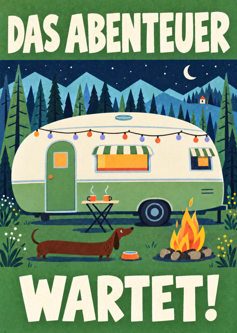 Illustrierter Wohnwagen bei Nacht in den Bergen mit Dackel, Lagerfeuer und dem Text „DAS ABENTEUER WARTET!“