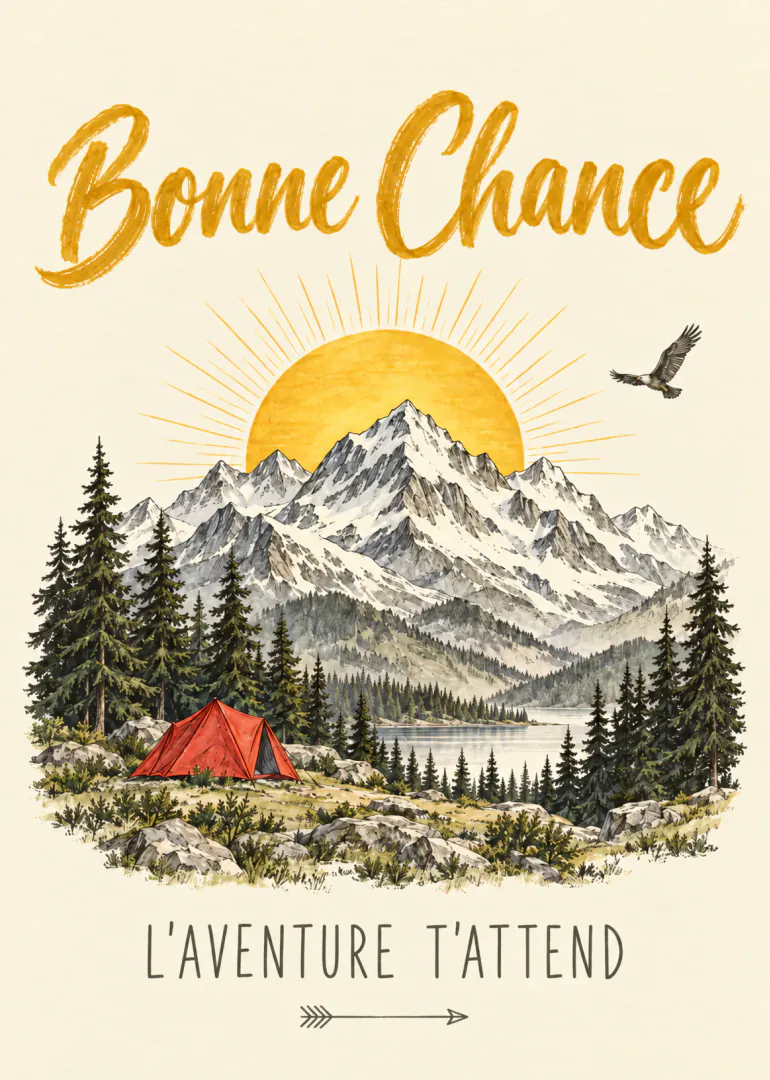 Carte illustrée avec montagnes enneigées, soleil levant, sapins, tente rouge et le message « Bonne Chance, L’AVENTURE T’ATTEND ».