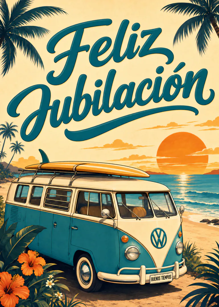 Tarjeta de jubilación con una furgoneta retro azul junto a la playa al atardecer.