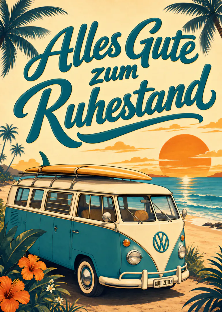 Retro-Illustration eines türkis-cremefarbenen Bullis mit Surfbrett am Strand bei Sonnenuntergang und dem Schriftzug „Alles Gute zum Ruhestand“.