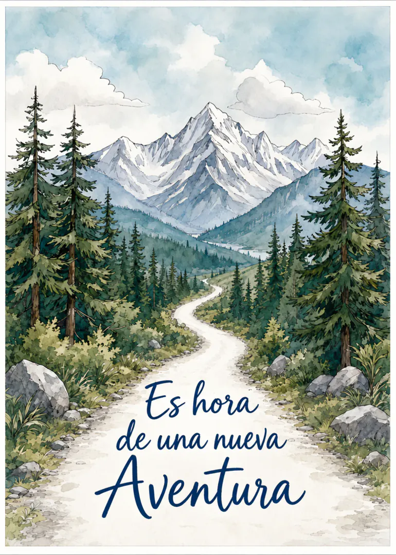 Ilustración en acuarela de un sendero entre pinos hacia montañas nevadas, con el texto «Es hora de una nueva Aventura».