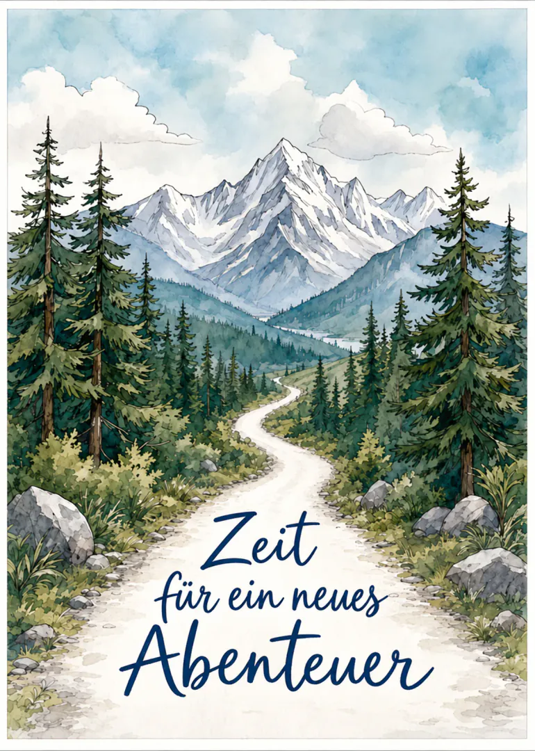Aquarellartige Berglandschaft mit Wald, Weg und dem Schriftzug „Zeit für ein neues Abenteuer“.