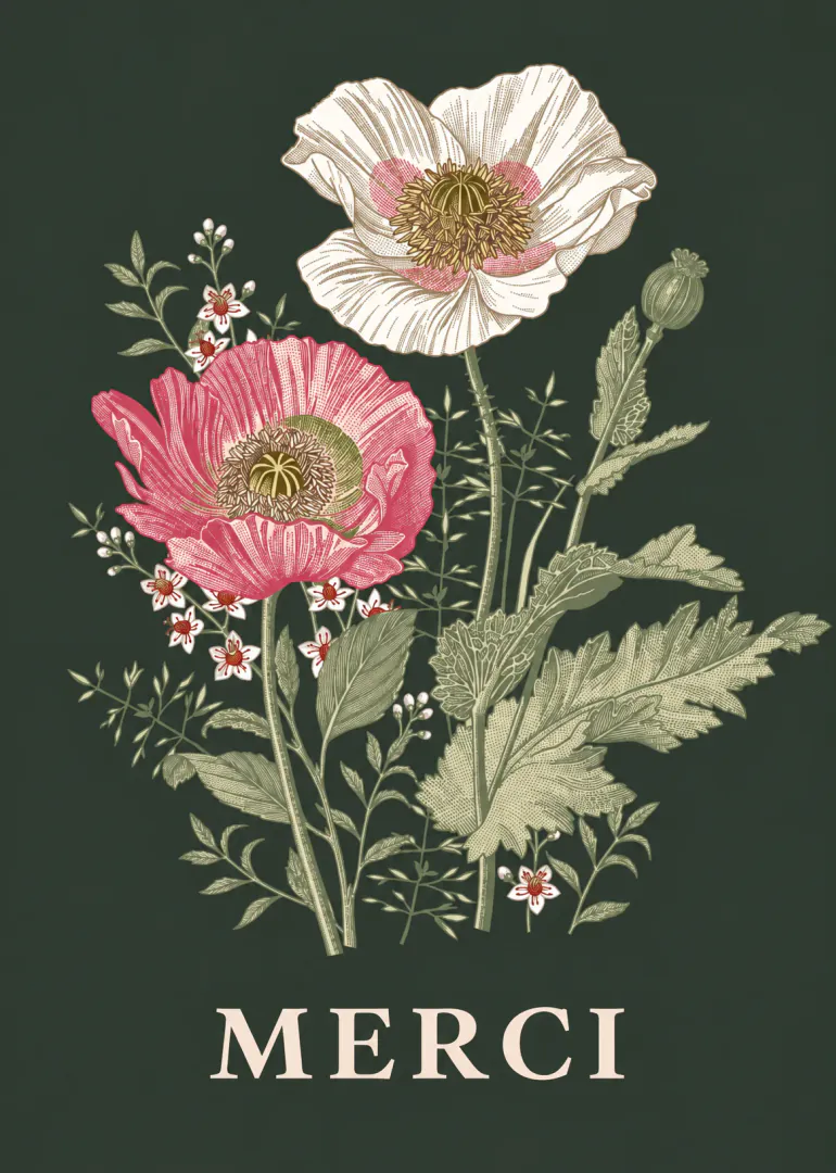 Carte vert foncé ornée de coquelicots roses et blancs au style gravure, avec le mot « MERCI ».