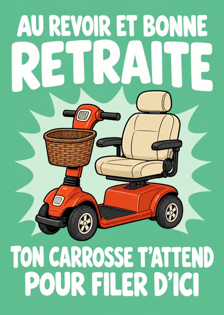 Carte verte avec scooter électrique rouge et le message « AU REVOIR ET BONNE RETRAITE TON CARROSSE T’ATTEND POUR FILER D’ICI ».