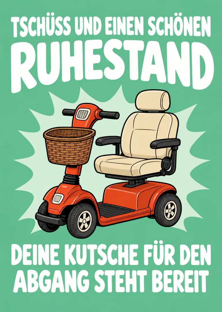 Grüne Karte mit rotem Elektromobil und dem Schriftzug zum Ruhestand.