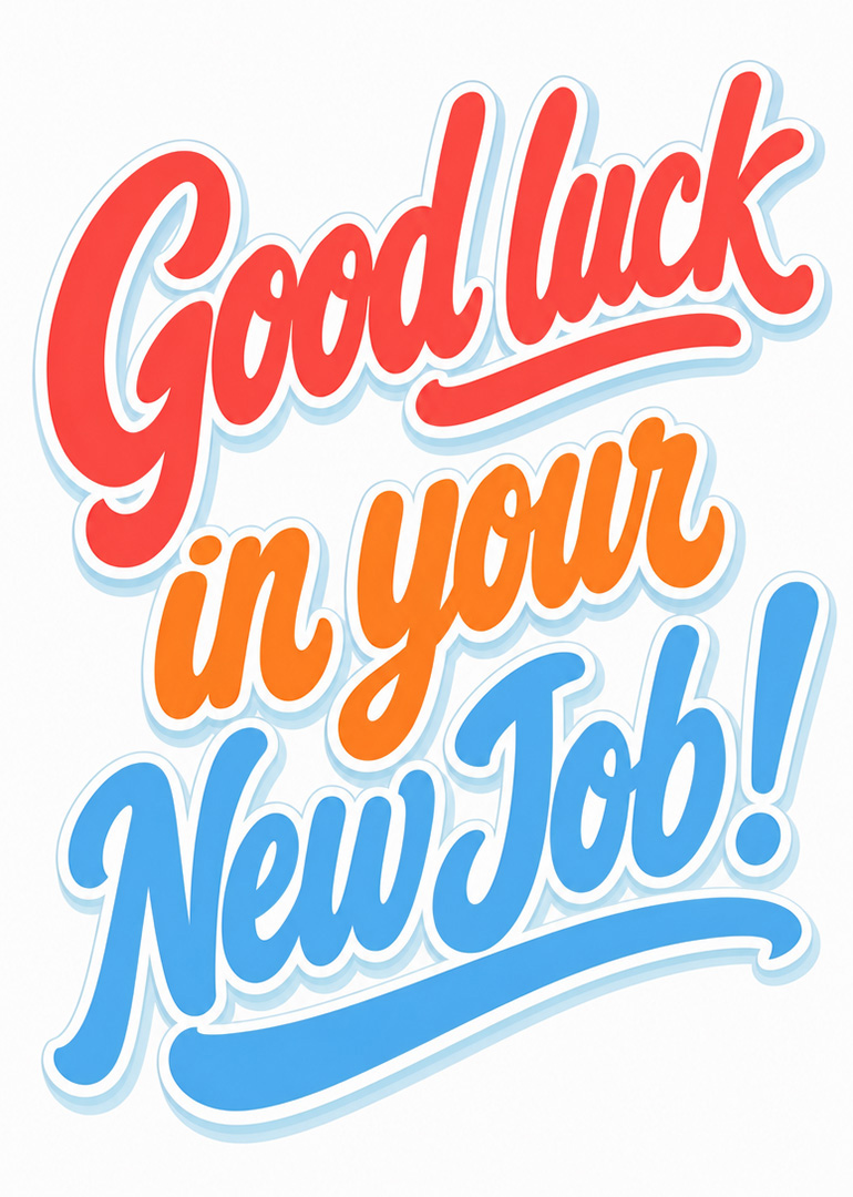 Bold retro card reading Good luck in your New Job in red, orange, and blue.