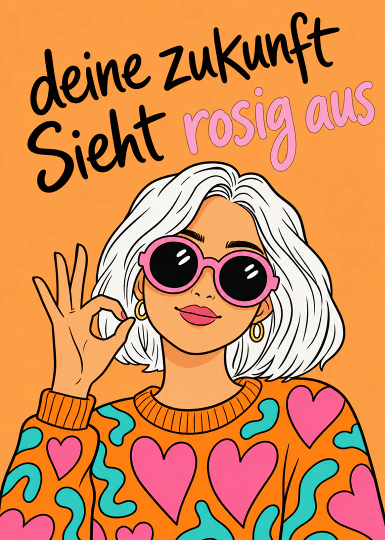 Illustration einer weisshaarigen Frau mit rosa Sonnenbrille vor orangefarbenem Hintergrund und dem Schriftzug „deine zukunft Sieht rosig aus“.