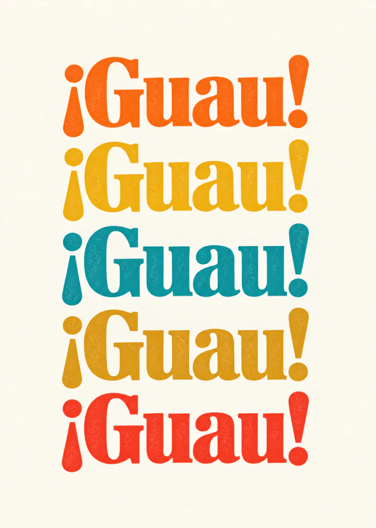 Tarjeta crema con la palabra «¡Guau!» repetida cinco veces en colores vivos.