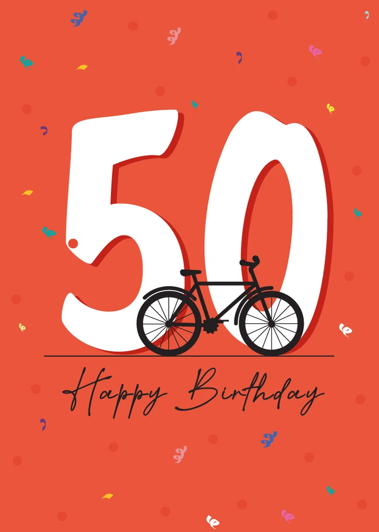Bright orange birthday card with large 50, bicycle graphic, confetti and Happy Birthday text below.
