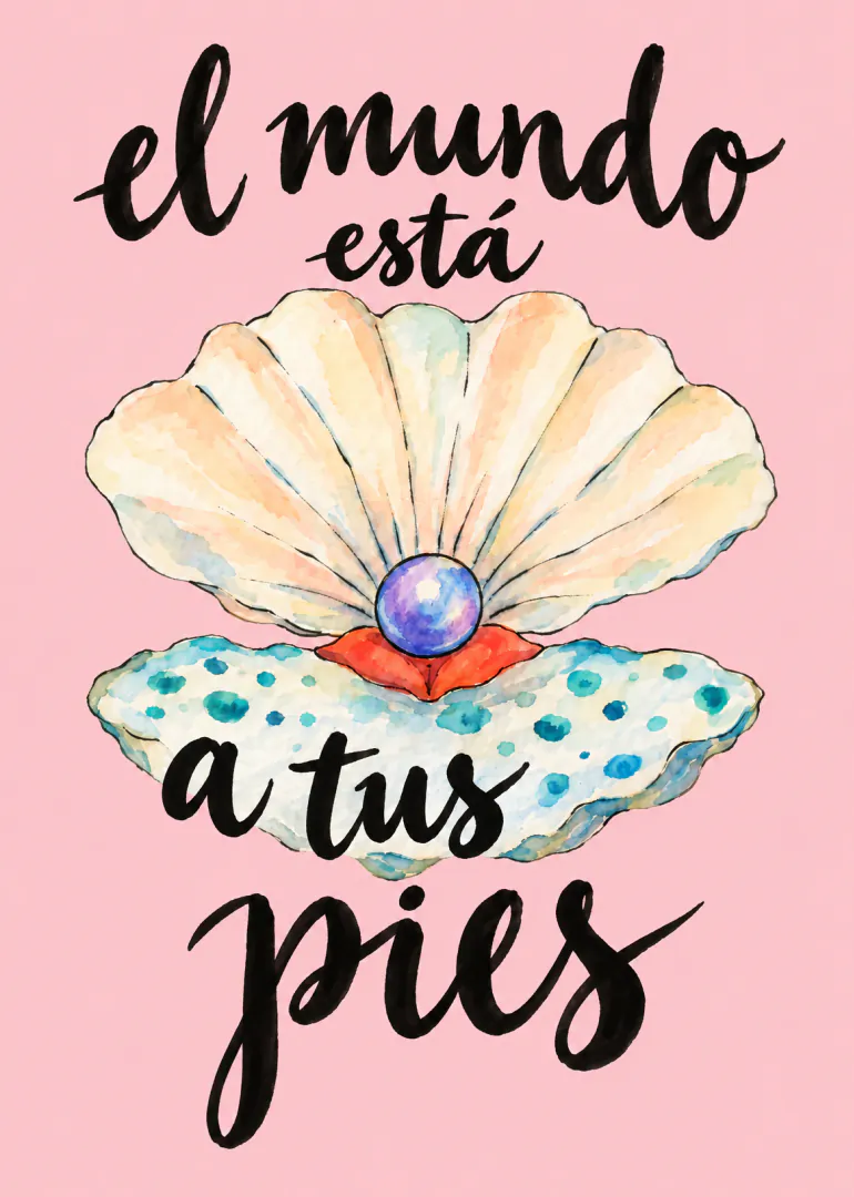 Tarjeta rosa con una concha abierta, una perla y el mensaje «el mundo está a tus pies».