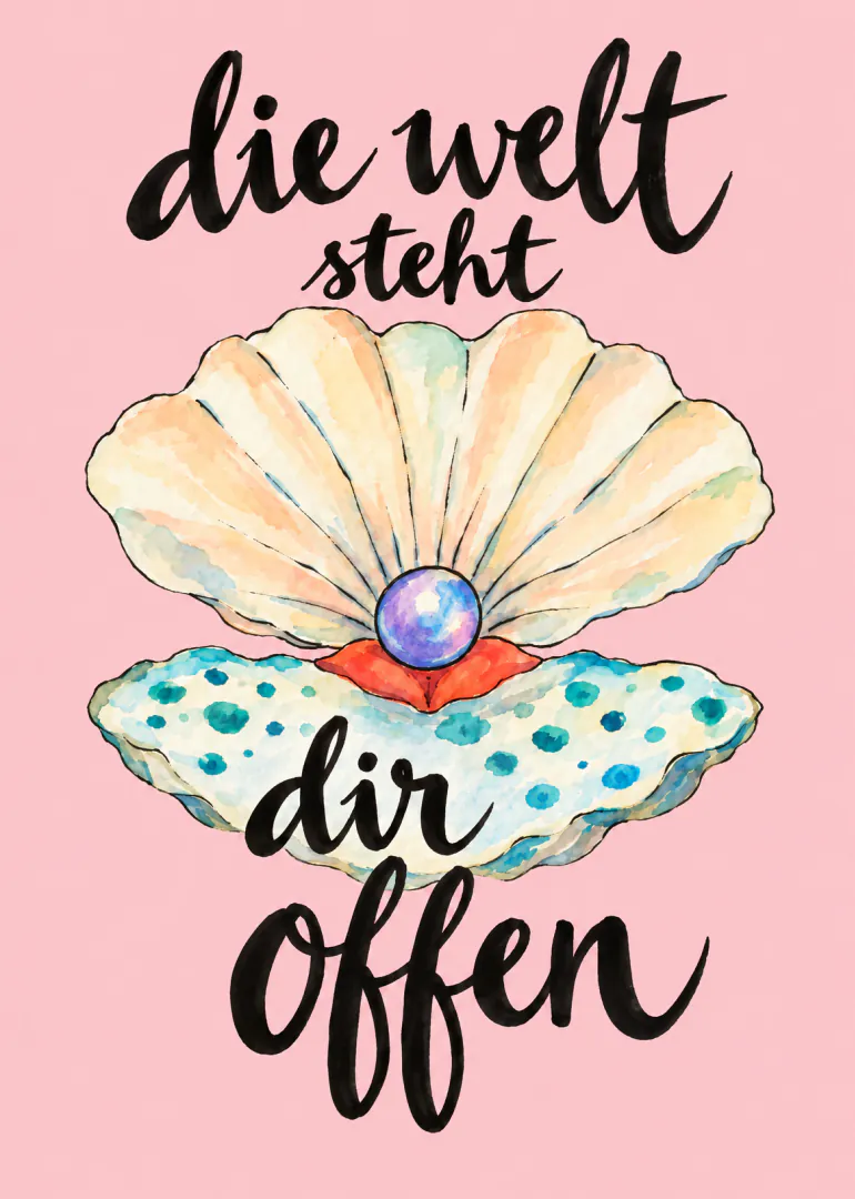 Rosafarbene Karte mit einer geöffneten Muschel, Perle und dem Schriftzug „die welt steht dir offen“.