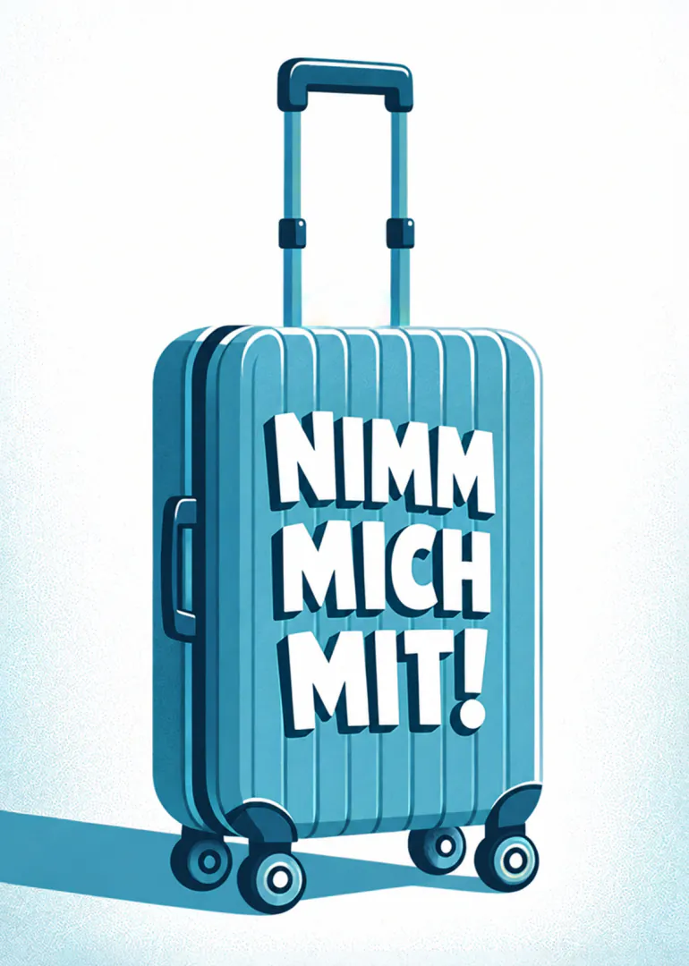 Illustration eines türkisblauen Rollkoffers mit der Aufschrift „NIMM MICH MIT!“