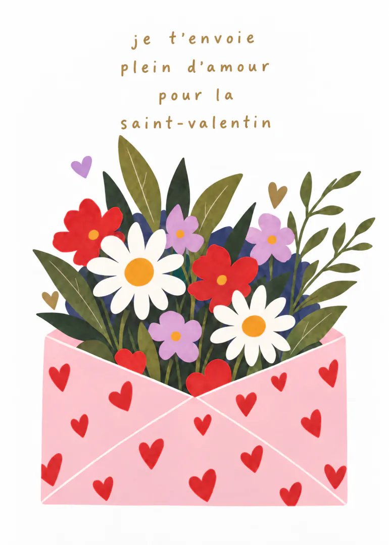 Carte de Saint-Valentin avec un bouquet de fleurs dans une enveloppe rose ornée de cœurs.