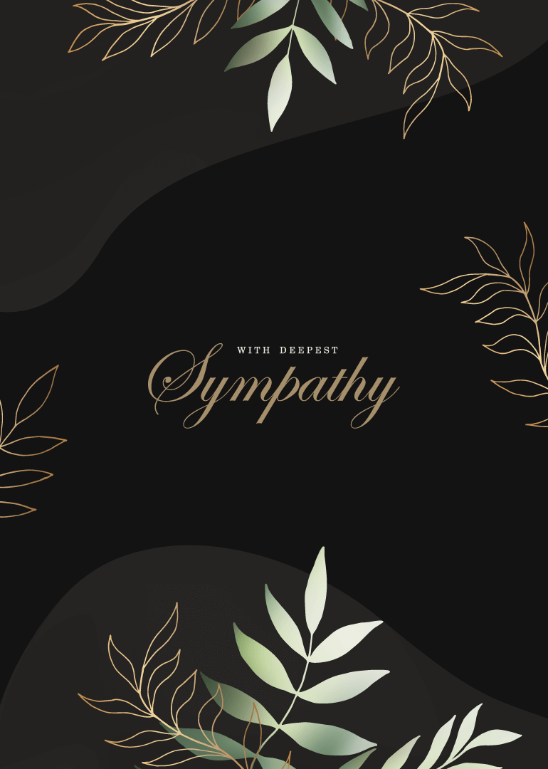 Sympathy card with gold and green leaves on black background