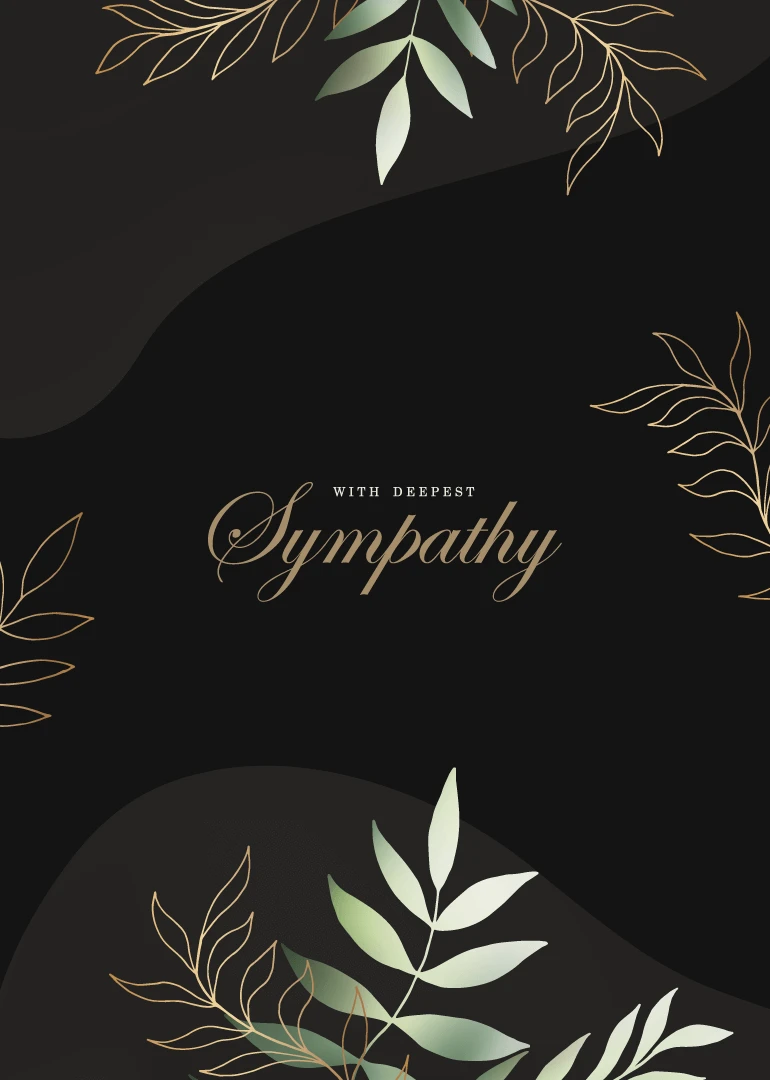 Black sympathy card with gold leaves and soft green foliage surrounding deepest sympathy wording.