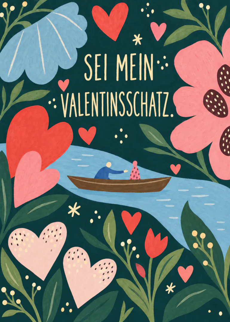 Romantische Karte mit der Aufschrift „SEI MEIN VALENTINSSCHATZ“, Herzen, Blumen und einem Boot mit zwei Personen auf einem Fluss.