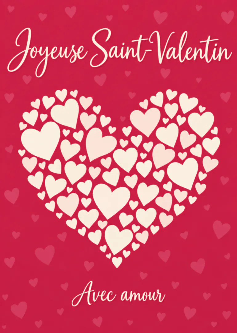 Carte rouge avec le texte « Joyeuse Saint-Valentin » et un grand cœur formé de petits cœurs crème.