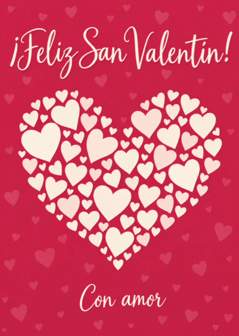 Tarjeta roja de San Valentín con un gran corazón formado por corazones crema y rosas.