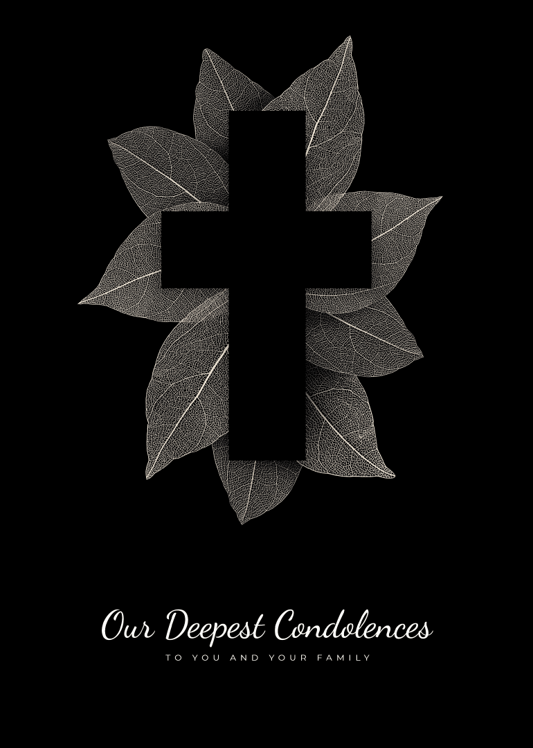 Sympathy card with black cross and delicate leaf pattern background