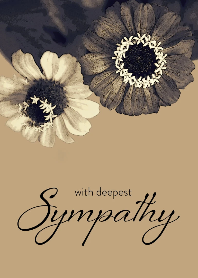 Two muted flowers and the words with deepest sympathy on a soft beige background card.