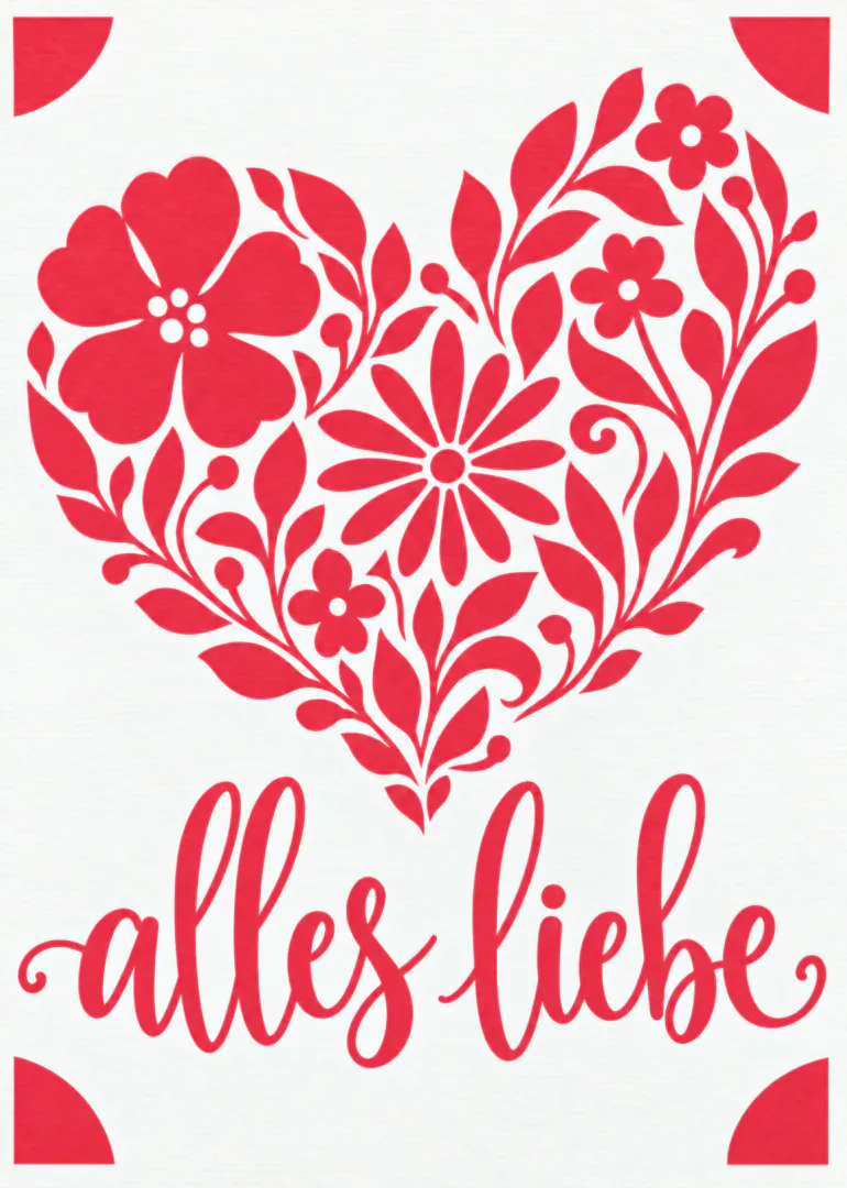 Weisse Karte mit rotem Blumenherz und dem Schriftzug „alles liebe“.