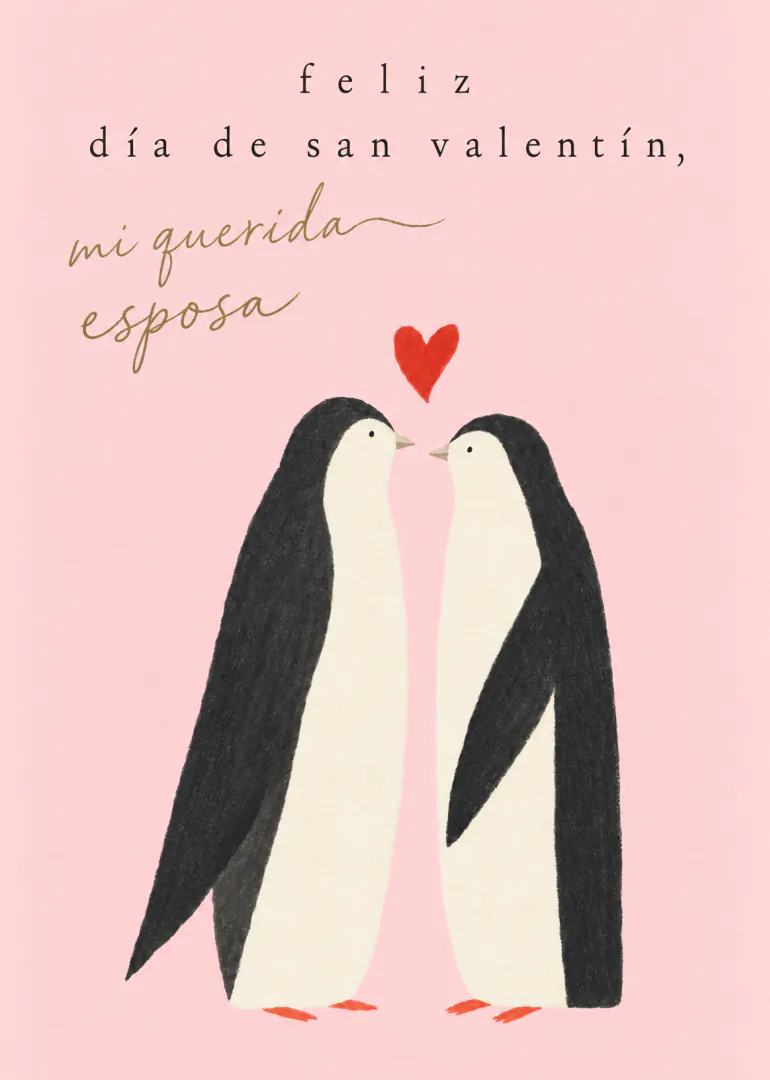 Tarjeta rosa con dos pingüinos frente a frente bajo un corazón rojo y un mensaje para una esposa.