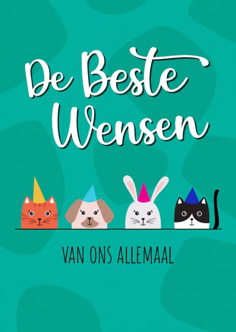 Turkooizen kaart met de tekst ‘De Beste Wensen van ons allemaal’ en vier feestelijke dieren met puntmutsen.