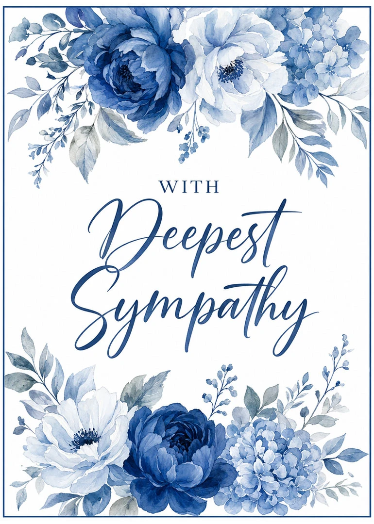 Blue watercolor flowers frame card reading With Deepest Sympathy in elegant script on white background.