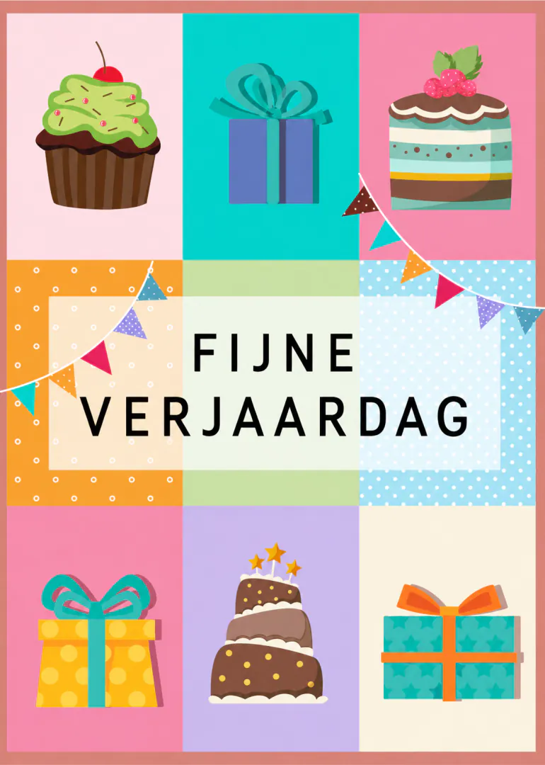 Kleurrijke vlakkenkaart met taartjes, ingepakte cadeaus, slingers en de tekst ‘FIJNE VERJAARDAG’.