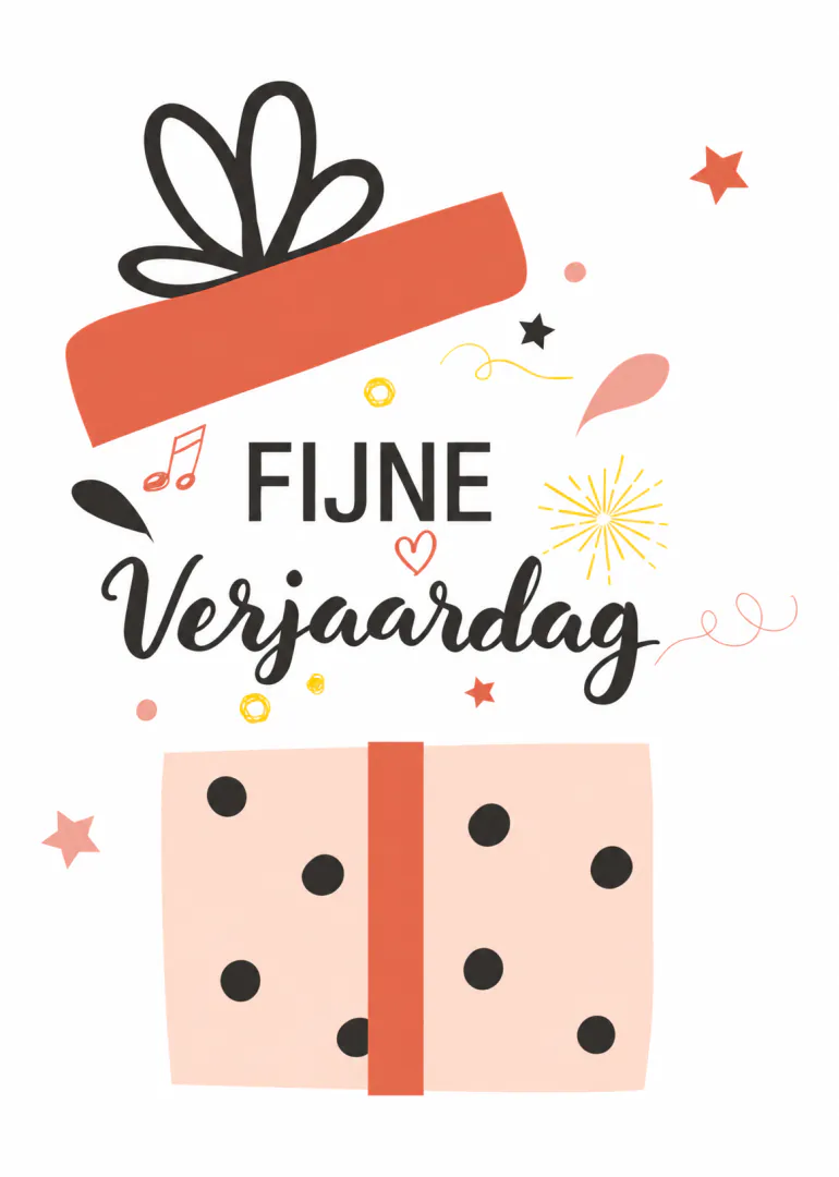 Verjaardagskaart met de tekst ‘FIJNE Verjaardag’, een groot ingepakt cadeau, sterren en feestelijke krullen.