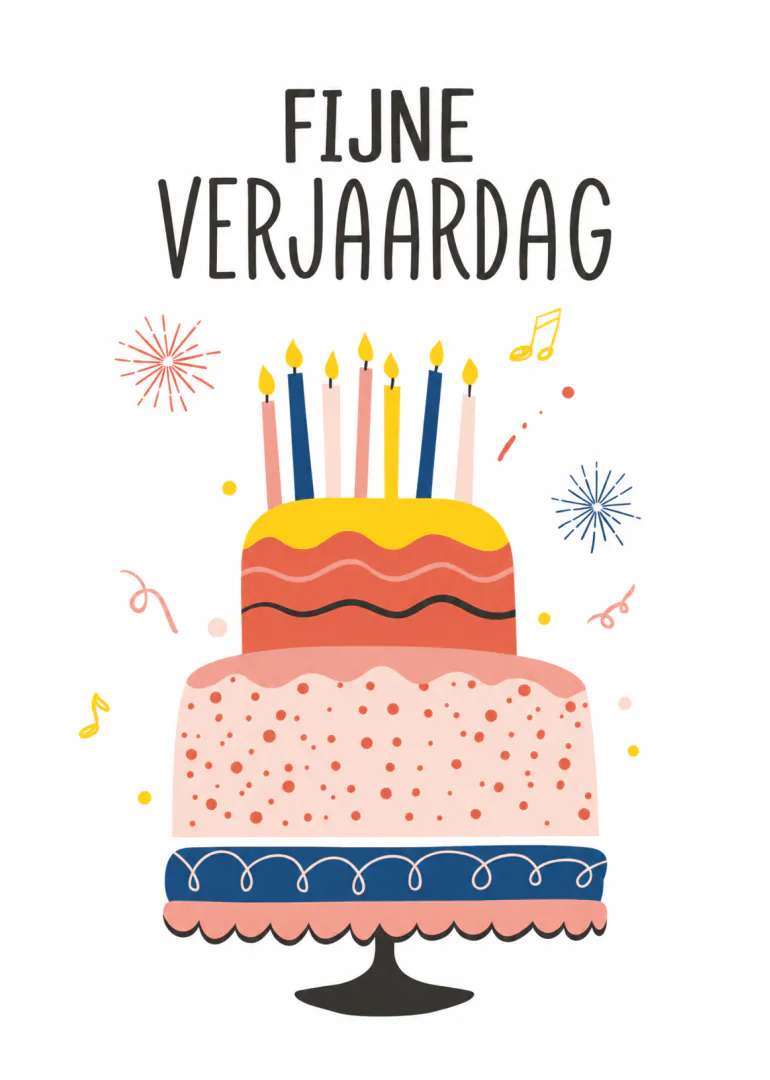Verjaardagskaart met een grote kleurrijke taart, brandende kaarsjes en de tekst ‘FIJNE VERJAARDAG’.