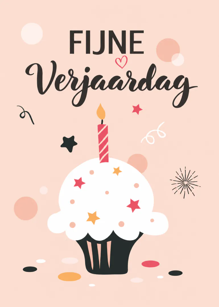 Roze verjaardagskaart met de tekst ‘FIJNE Verjaardag’, een cupcake met kaars en kleurrijke sterretjes.